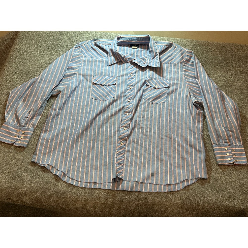 Wrangler Western Shirt Mens 3X Big Man Blue Red Stripe Pearl Snap Vintage